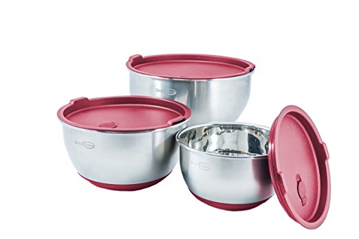 SimpliFine Stainless Steel Non Slip Mixing Bowl Set with Silicone Lids and Rubber Bottoms - 1.5, 3 and 5 Quarter (Dark Pastel Red)