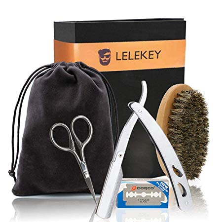 LELEKEY Beard Brush and Comb Set,3-in-1 Beard Grooming Kit Including Beard Brush,Straight Edge Razor(10pcs Blades Included), Beard Scissors, Best Gift for Man