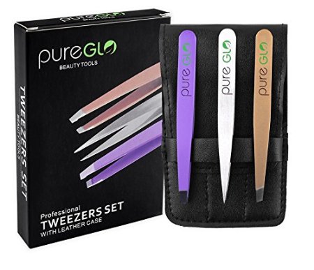 pureGLO Eyebrow Tweezers Set - 3pcs Stainless Steel Precision Pointed Slanted Flat Tweezers for Ingrown Hair, Eyebrow Shaping, Nose Hair and Splinters - Hair Removal Tool with Faux Leather Black Case