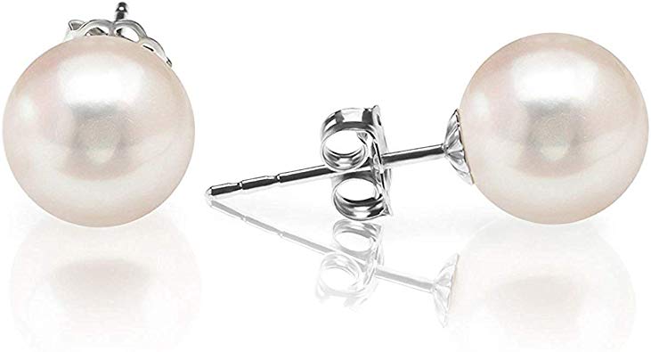 :AVOI Handpicked AAA  14K Gold or Sterling Silver Round White Freshwater Cultured Pearl Earrings