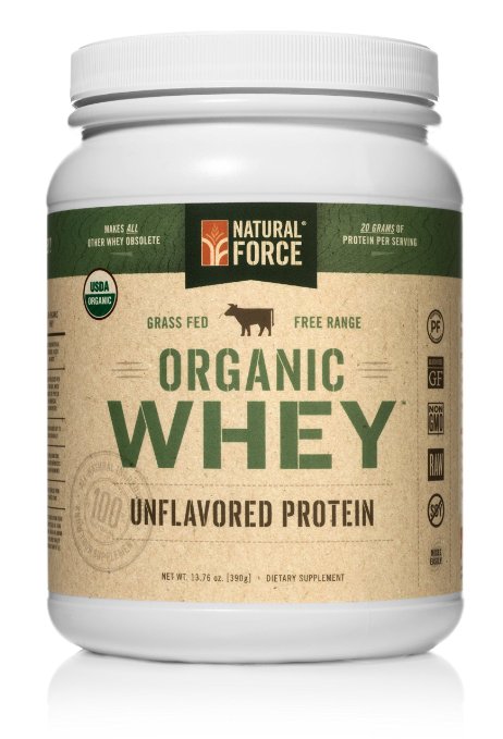 Natural Force® Undenatured Organic Whey Protein Powder *UNFLAVORED* Grass Fed Whey from California Farms - Raw Organic Whey, Paleo, Gluten Free, Natural Whey Protein, 13.76 oz. Bulk