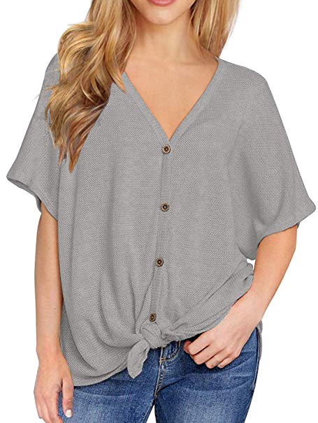 Viishow Womens Waffle Knit Tunic Blouse Short Sleeve V Neck Button Down T Shirts Casual Tie Front Knot Henley Tops