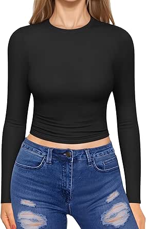 MANGOPOP Women's Long Sleeve Shirts Slim Fit Crew Neck T Shirts Basic Going Out Y2k Crop Top Tee