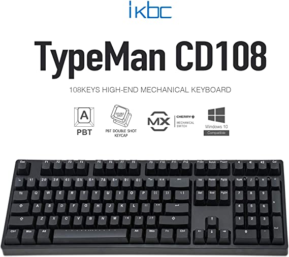 iKBC CD108 v2 Mechanical Keyboard with Cherry MX Silent Red Switch for Windows and Mac, Full Size Ergonomic Keyboard with PBT Double Shot Keycaps for Desktop and Laptop, 108-Key, Black, ANSI/US