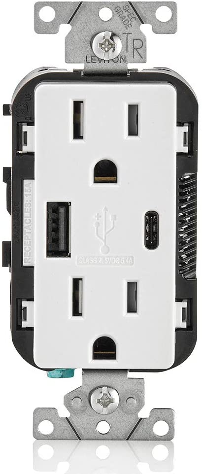 Leviton T5633-W 15-Amp Type-C USB Charger/Tamper Resistant Receptacle, White