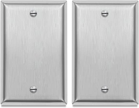 1-Gang Blank Decorator Metal Wall Plate - Stainless Steel Switch Outlet Cover,Brushed Finish, Silver (2-PACK, Single Blank)