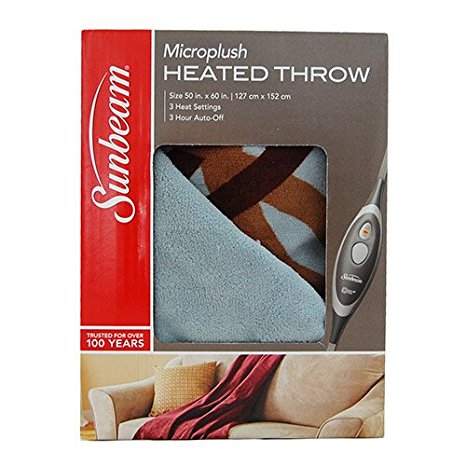 Sunbeam Microplush Electric Heated Throw Blanket Blue Brown