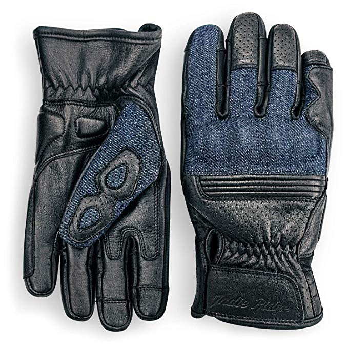 Denim & Leather Motorcycle Gloves (Black) With Mobile Touchscreen by Indie Ridge (Medium)