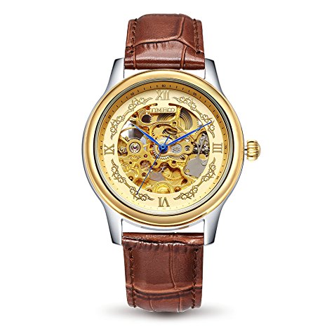 Time100 New Men's Classic Business Two-Tone Mechanical Skeleton Design Automatic Self-wind Steel&Leather World Time Zones Lumilous Watch Mechanical Watch #W60015G