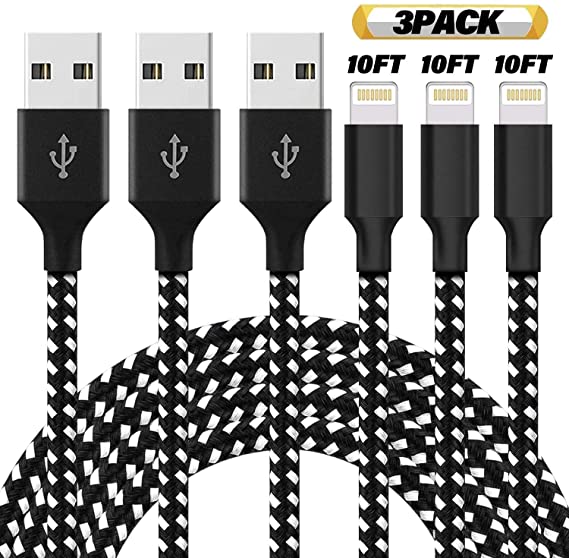 iPhone Charger, Mfi Certified 3Pack 10ft Lightning Cable iPhone Charger Cable Nylon Braided Charging Cord Compatible iPhone XS/Max/XR/X/8Plus/8/7Plus/7/6Plus/6S/SE/iPad and More