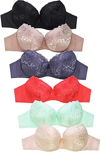 MaMia Women's Full Cup Push Up Lace Bras (Pack of 6)