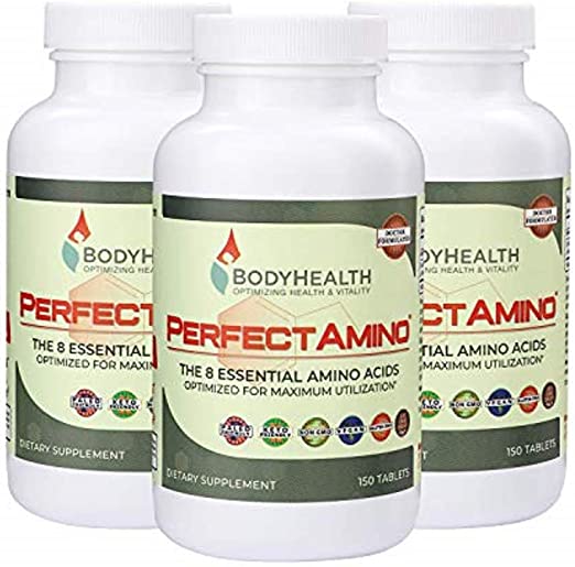 BodyHealth PerfectAmino Tablets, (3-Pack) All 8 Essential Amino Acids with BCAAs   Lysine, Phenylalanine, Threonine, Methionine, Tryptophan, Supplement for Muscle Mass Production, Recovery & Strength