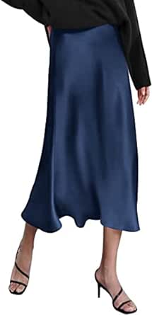 Zeagoo 2024 Women Long Satin Summer Spring Skirt Silk Elegant High Waist Cocktail Party Wedding Flared A-Line Midi Skirts