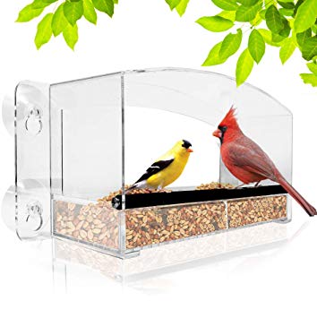 Nature Gear Crystal View Window Bird Feeder - Dome Roof & Steel Perch - Weatherproof Rain or Shine Design - Refillable Sliding Tray for Finches, Cardinals, Chickadee's, Robins, Bluebirds and More!