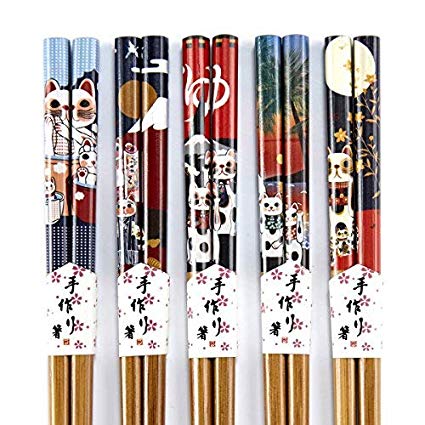 Bamboo Japanese Chopsticks Set Reusable Lucky Cat Pattern 8.9"(L) by Homestia Pack of 5