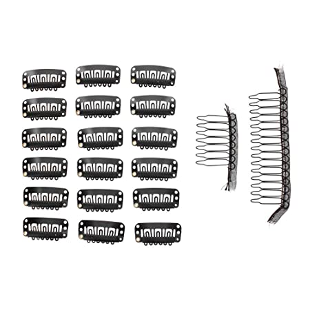 Milano Collection 20PC Value Clips & Combs Bundle: 18 PC Pack of Medium Size Snap Clip-ins and 2 Pack of Combs for Hair Extensions and Wigs - Black