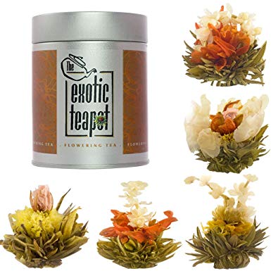 Flowering Tea Sampler Tin - 5 Different Varieties of Blooming Tea - Vacuum Sealed Tea Balls - Jasmine Tea Flowers
