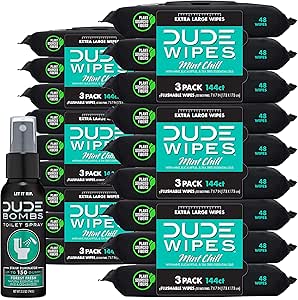 DUDE Wipes - Flushable Wipes with DUDE Bombs Toilet Spray - 18 Pack, 864 Wipes   1 Spray Bottle - Mint Chill Extra-Large Adult Wet Wipes with Eucalyptus & Tea Tree Oil - Forest Fresh Stank Eliminator