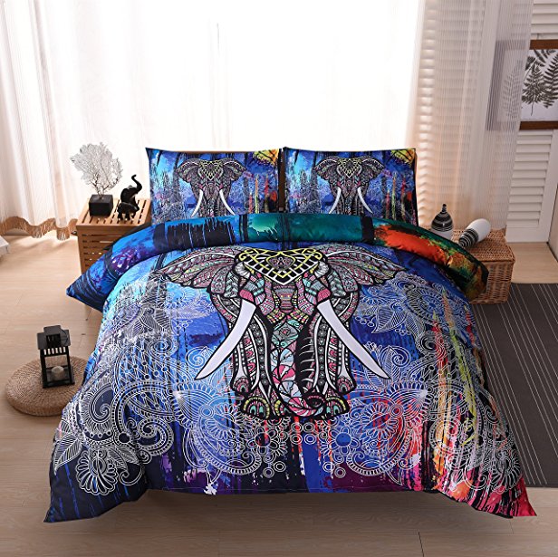Bohemian Duvet Cover Set, Elephant Exotic Pattern Bedding set(Queen, Multi)