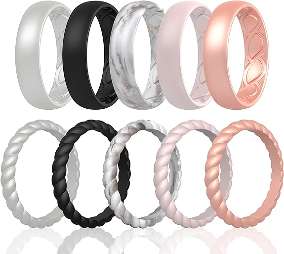 Silicone Rings Women, Ergonomic with Breathable Airflow Design - Multipack: 5 Breathable Wedding Bands, 5 Thin & Stackable Rings