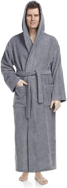 Arus Men's Hooded Classic Bathrobe Turkish Cotton Robe with Full Length Options