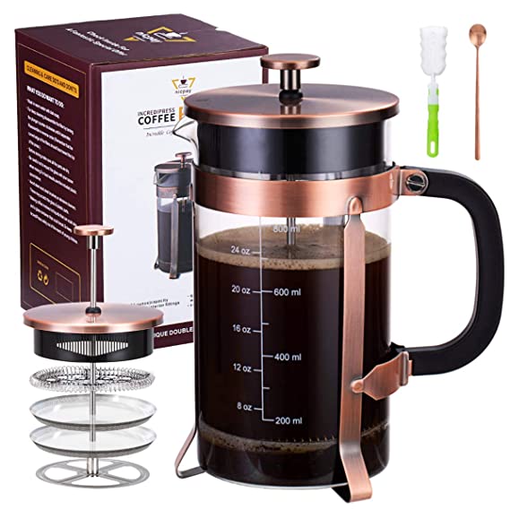 French Press Coffee And Tea Maker With 4 Level Filtration System -100% No Residue -304 Grade Stainless Steel-German Heat-Resistant Borosilicate Glass- BPA FREE-Dishwasherable-34oz，Copper