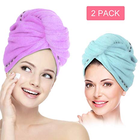 Hair Towel Wrap Turban Microfiber Hair Drying Towels, 2 Pack Twist Head Towel with Button, Quick Dry Super Absorbent Anti-Frizz for Women Girls Long & Curly Hair (Blue/Purple)