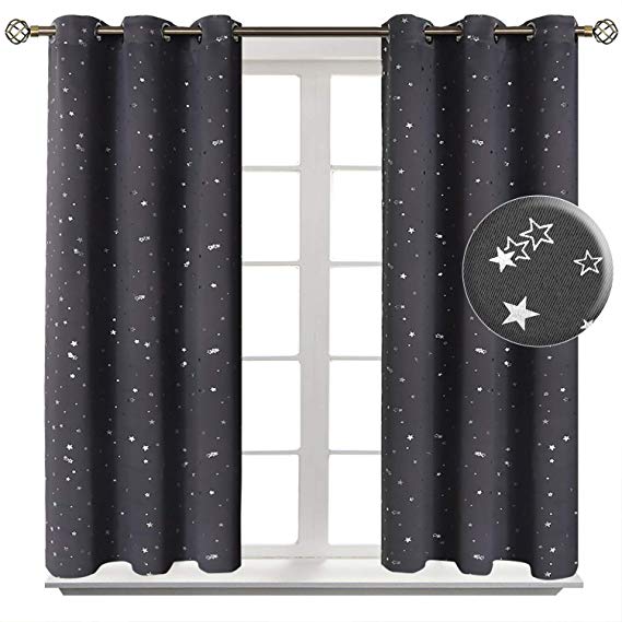BGment Kids Blackout Curtains for Bedroom - Grommet Thermal Insulated Silver Star Print Room Darkening Curtains for Living Room, Set of 2 Panels (38x45 Inch, Grey)