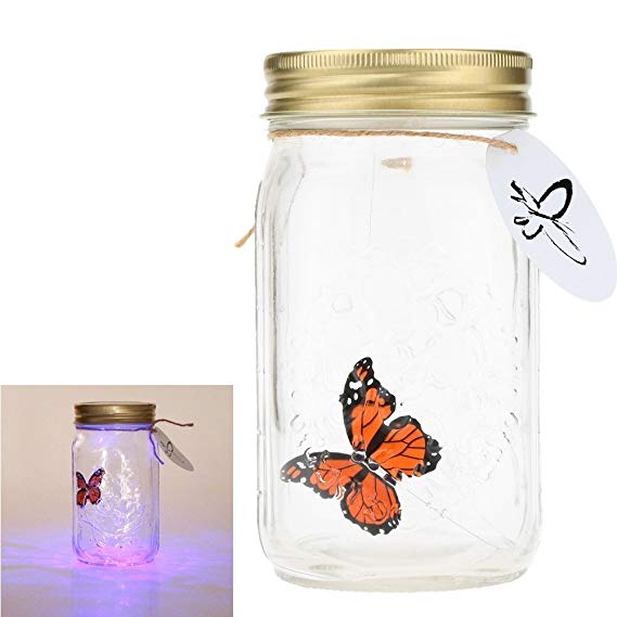 Herebuy8 Romantic Butterfly Collection- Animated Butterfly in a Jar with LED Lamp (Orange)