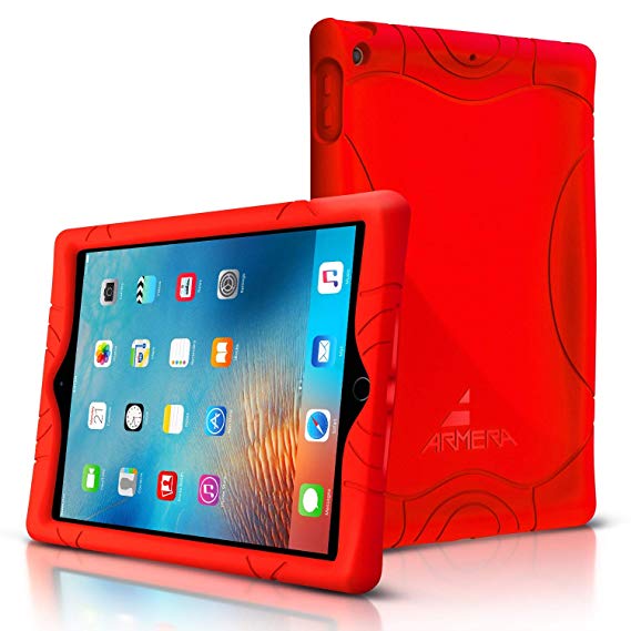 Armera iPad 9.7 2018 2017 Case - [Wave Bumper Series] Rugged Light Weight Anti Slip Kids Friendly Shock Proof Silicone Protective Cover for iPad 6th / 5th Gen, Red