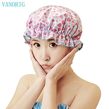 Waterproof Shower Cap Bath Hat VANORIG® Lovely Double Layer Satin Fabric Bath Cap Reusable Bath Shower Hat for Women ,Pack of 1 (Pink Heart)