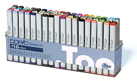 Copic Sketch Marker Set D: Oval Barrel, Super Brush and Medium Broad Nibs, 72 Assorted Colors (S72D)