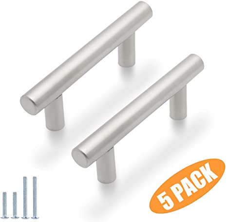 Probrico T Bar Cabinet Pulls Stainless Steel Kitchen Handles Chest Knobs 2.5 Inch Hole Spacing Brushed Nickel 5 Packs