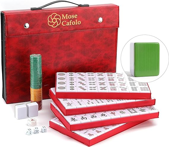 Professional Chinese Mahjong 144 Large Numbered Melamine Green Tiles with Carrying Travel Case,Spare Tiles, Dices, Chips, English instruction Complete Game Set (Majiang, Mah-Jongg, Maj Jongg, Ma Jong)