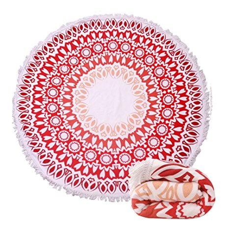 (14 Patterns) Thick Terry Round Beach Towel/Round Beach Blanket/Round Beach Mat Roundie Tapestry/Round Yoga Mat with Fringe Tassels Red
