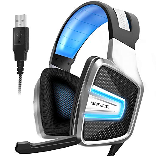 SENICC A8 PS4 Prodessional Gaming Headset with Microphone,7.1 Surround Sound Soft Earmuffs Stereo Over-Ear USB Computer Headset with Noise Cancelling Mic & LED Light for PC
