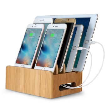 FLECK 100% Natural Bamboo Multi- Device Desktop Organizer Cord Organizer Stand Mounts Dock Holder Charging Station for Smart Phones, Tablets and Laptops