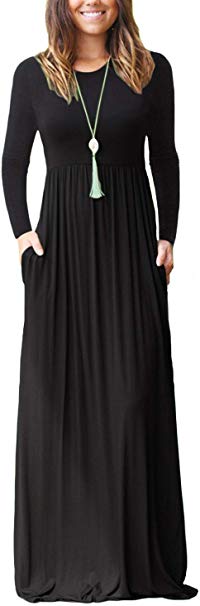 Euovmy Women's Long Sleeve Loose Plain Maxi Dresses Casual Long Dresses with Pockets
