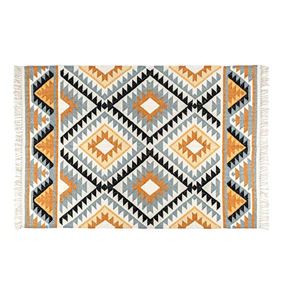 Homescapes Agra Handwoven Kilim Wool Rug, Multi Coloured Gold, Silver Grey Black Diamond Pattern Rug Fringed Tassels Living Room, 160 x 230 cm