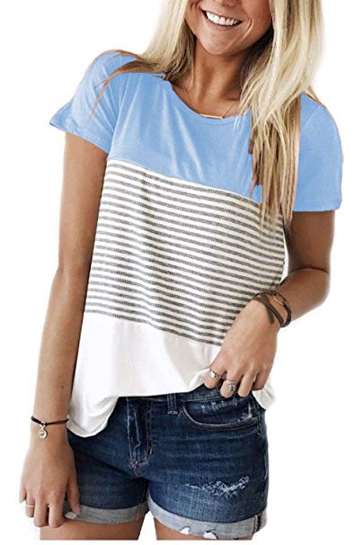 Smalovy Women's Triple Color Block Stripe T Shirt Short Sleeve Casual Loose Fit Tee