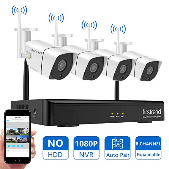 [2019 Newest] Firstrend 8CH 1080P NVR Security Camera System Wireless Easy Remote Surveillance Cameras System with 4pcs 1MP Video Home Security Cameras 65ft Night Vision, No Hard Drive