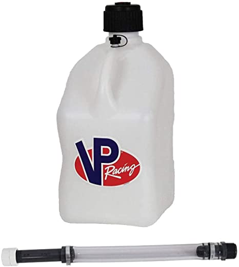 VP Racing Fuels 5-Gallon Square Motorsport Utility Liquid Jug Can White Deluxe 14” Hose Kit with Cap