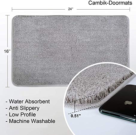 Cambik Indoor Bathmat Bedroom mat Kitchen mats Doormat Dust Scraper Absorbent Rubber Backing Anti Slippery Doormat Grey Color 16X24 Inch