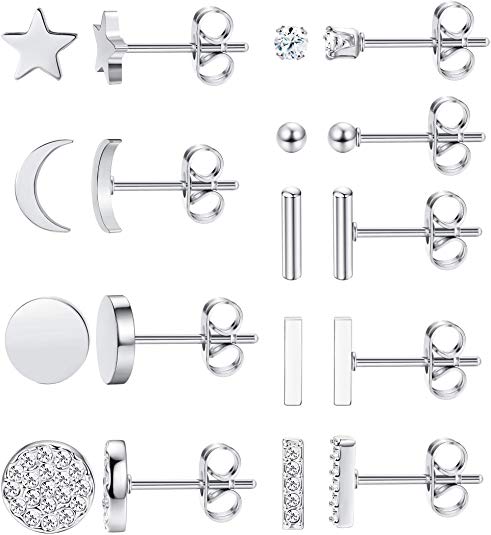 FIBO STEEL 9 Pairs Stainless Steel Star Moon Stud Earrings for Women Girls Cute Bar CZ Stud Earring Set
