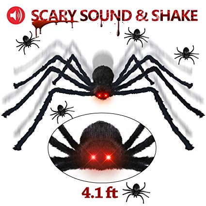 Halloween Decorations Giant Spider 4.1 ft with LED Eyes Spooky Sound Including 5 pcs Realistic Spider for Outdoor,Party,Bedroom Decor