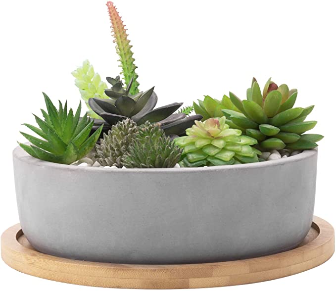 MyGift 8-inch Round Gray Cement Planter with Bamboo Tray