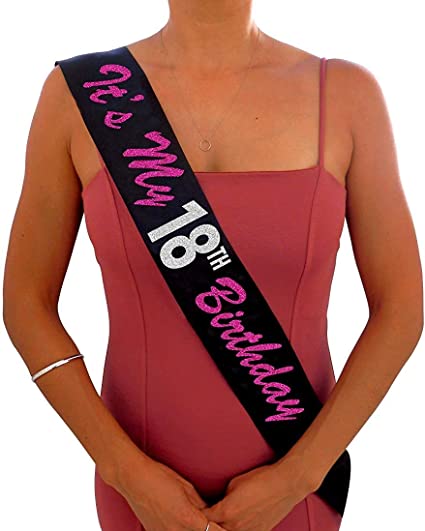 Its My 18th Birthday Black and Pink Glitter Satin Sash - Happy 18th Birthday Party Supplies, Ideas and Decorations- Funny Birthday