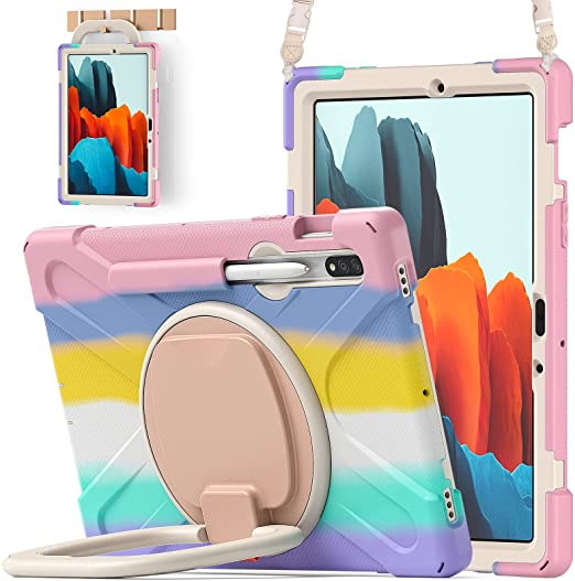 BATYUE Samsung Galaxy Tab S7 Case (2020) Shockproof Protective Rugged Case with [Pencil Holder][Rotating Portable Bracket][Shoulder strap] 11-inch Protective Cover SM-T870 /T875 /T876 (Colourful Pink)