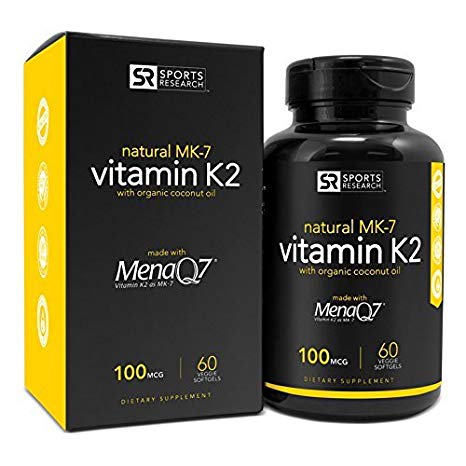 Vitamin K2 (MK7) 100mcg in Cold-Pressed Organic Coconut Oil | Made with clinically proven MenaQ7R and Formulated without Soy, Gluten Or GMOs - 60 Veggie Liquid Softgels by Sports Research