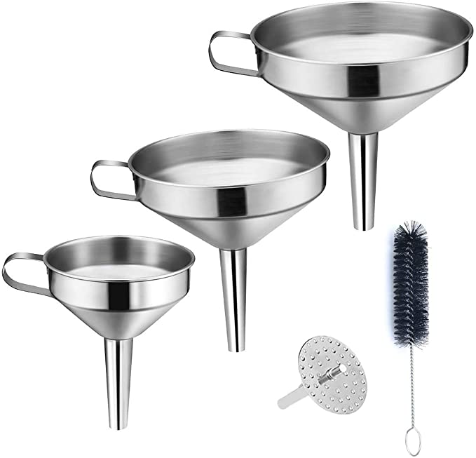 Kitchen Funnel, 3 Piece Stainless Steel Funnels Set with Handle Design and Removable Strainer, Great for Transferring of Liquid, Fluid, Dry Ingredients & Powder, Durable and Dishwasher Safe